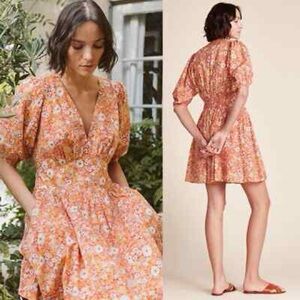 Trovata Birds of Paradis Gia Puff Sleeve V Neck Mini Dress in Autumn Fields